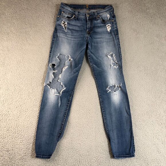 Vintage 7 For All Mankind‎ Jeans Womens 27 Blue Skinny Distressed Trashed Grunge - Picture 1 of 10